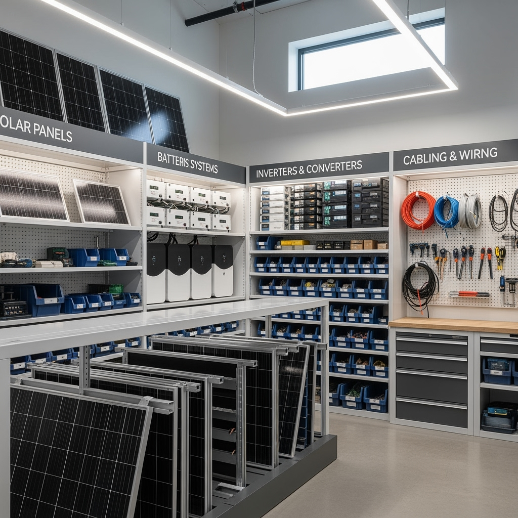 Organized storage system for off-grid office equipment and power solutions